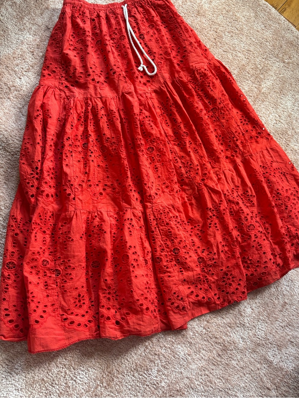 ❤️ Poupette Red Eyelet Cotton Maxi Skirt with Drawstring Waist - Picture 3 of 6